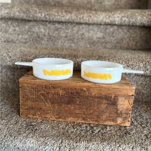 White Milk Glass Handled Casserole Dishes with Yellow Floral Band